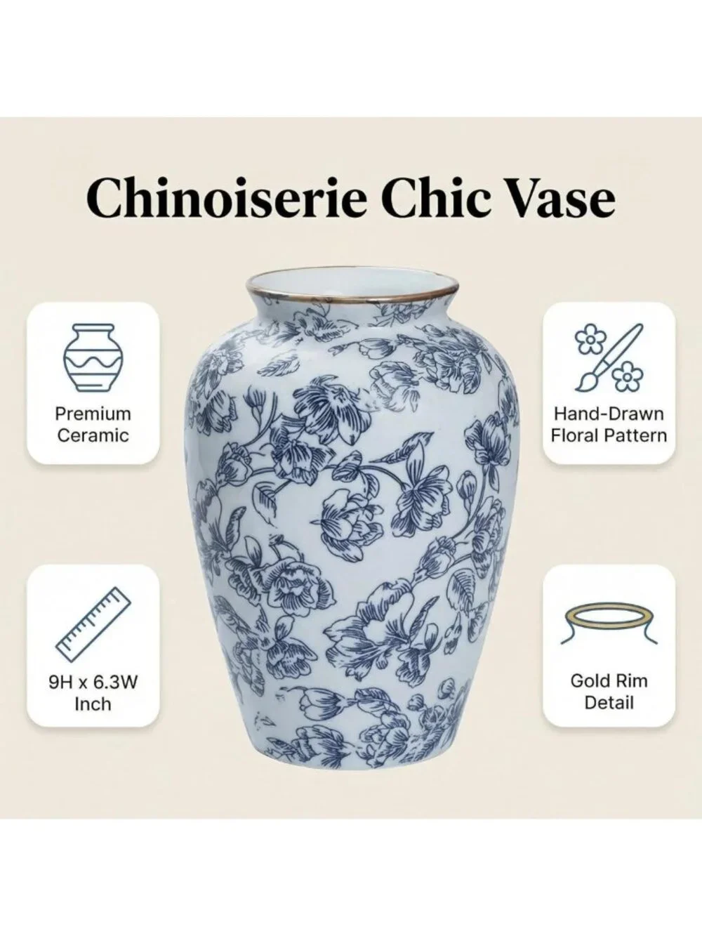 Vintage Blue and White Chinoiserie Ceramic Vase - Antique Floral Home Decor 9in